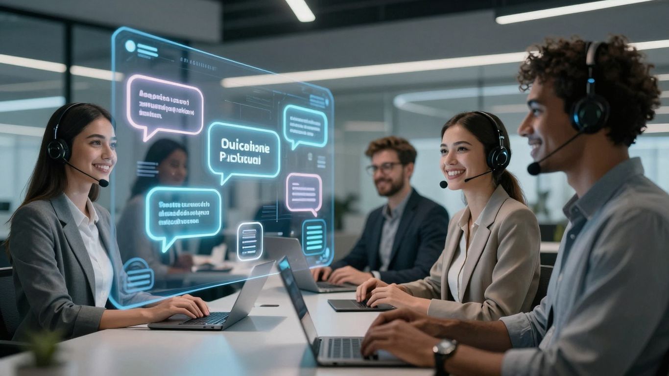 AI receptionist with multilingual speech bubbles and happy customers.