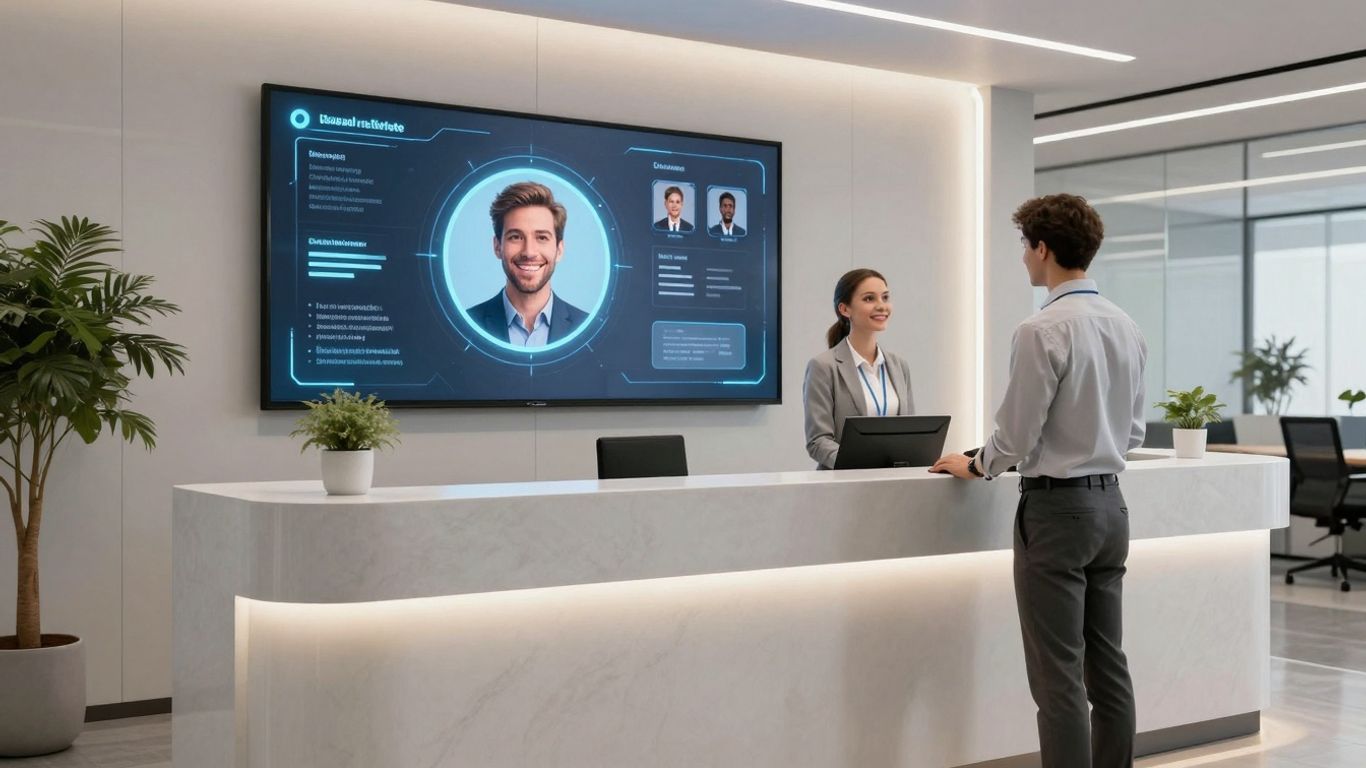 AI receptionist interface in a modern office setting.