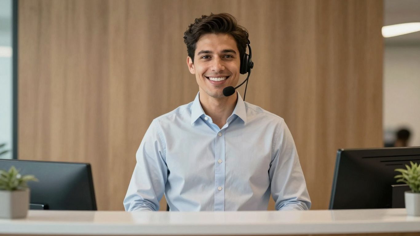 AI receptionist avatar on a screen in an office.
