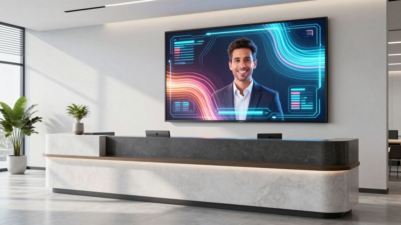 Avaamo AI receptionist interface on a modern office screen.