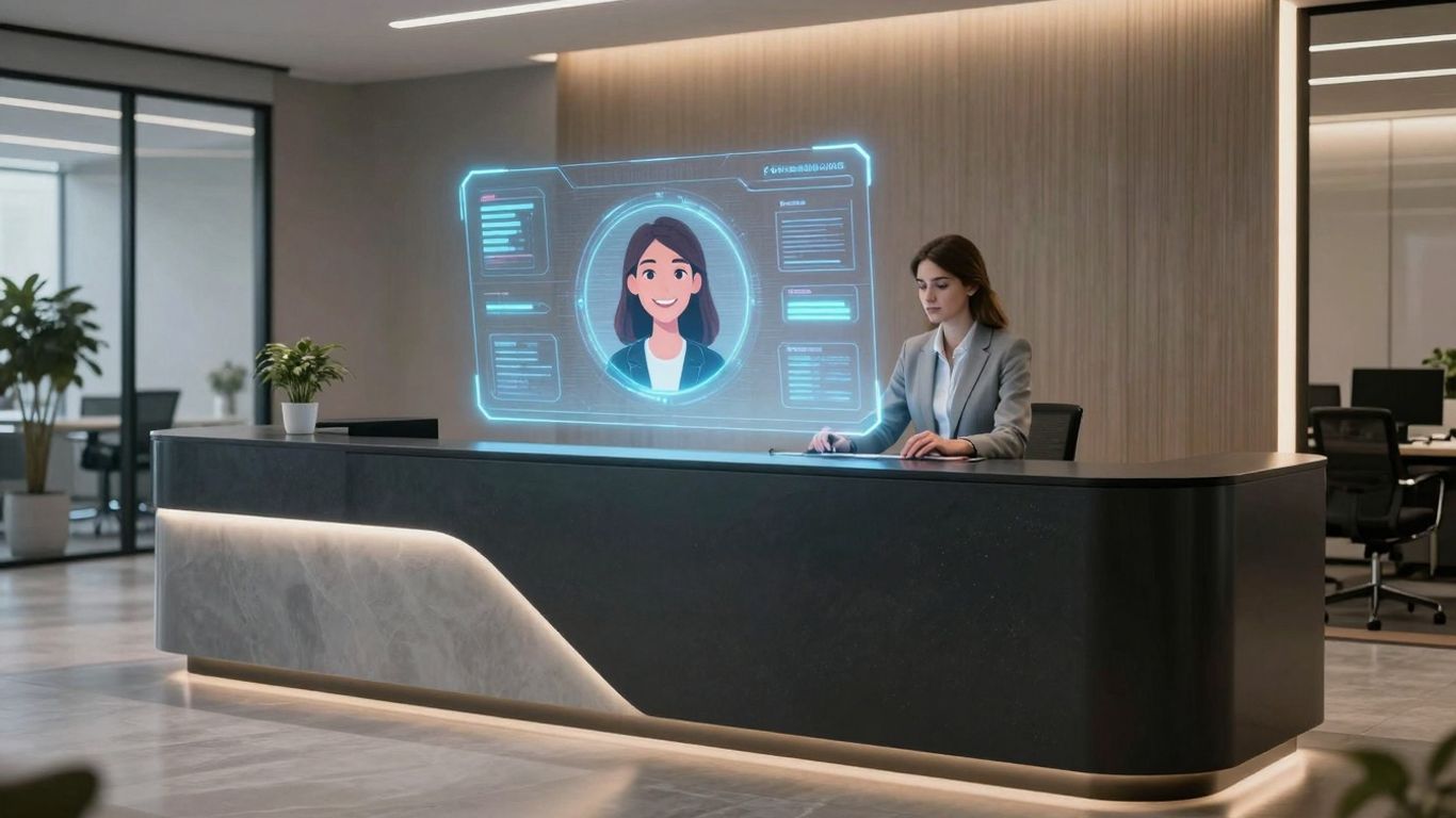 AI receptionist avatar on a futuristic desk interface.