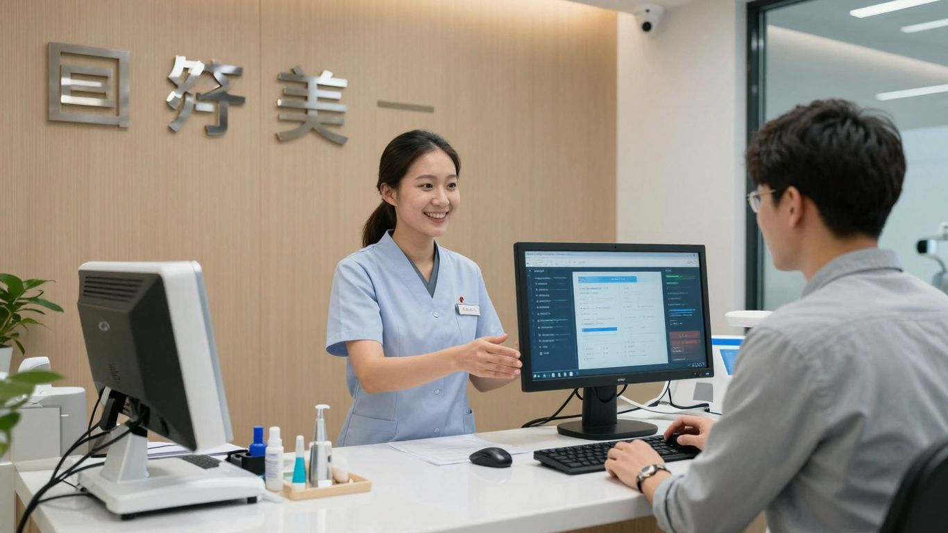Dental receptionist using AI for patient communication.