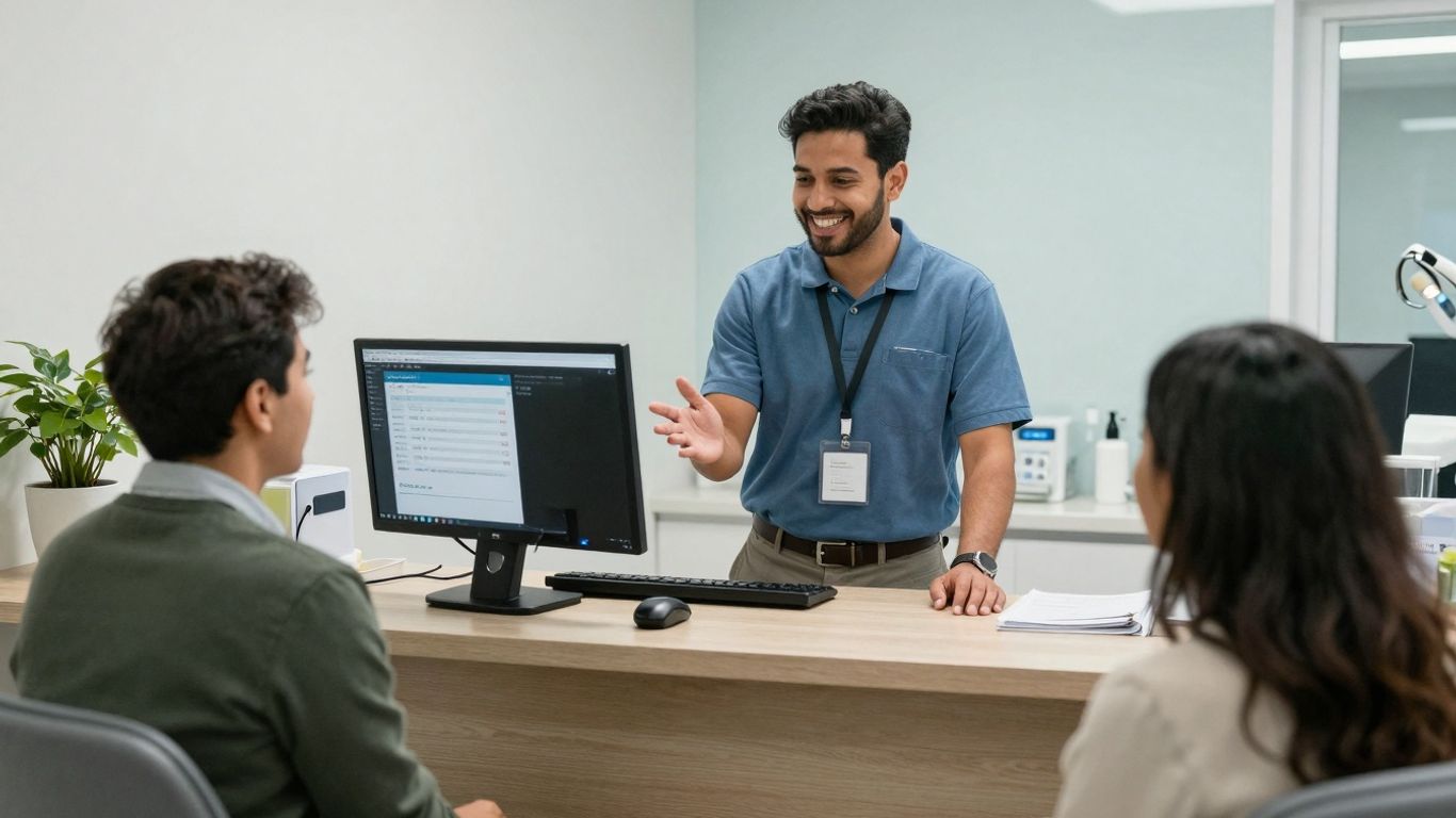 Dental receptionist communicating with a patient at the desk.
