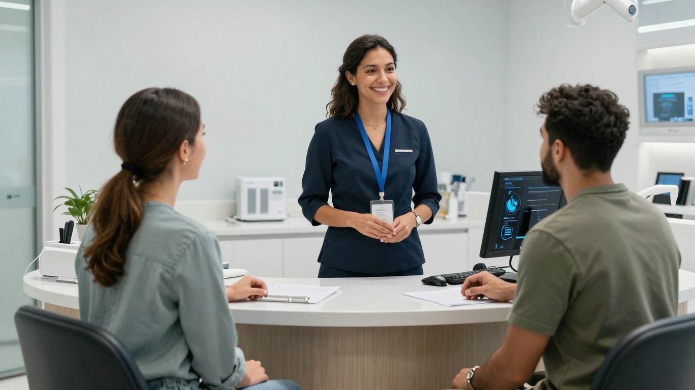 Dental receptionist using AI for patient communication.