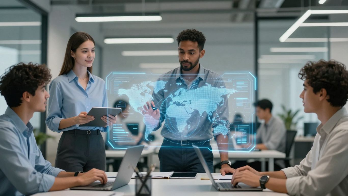 AI receptionist assisting diverse business professionals globally.