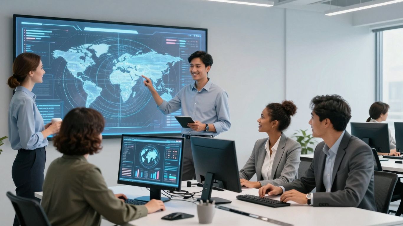 AI receptionist assisting diverse business professionals globally.