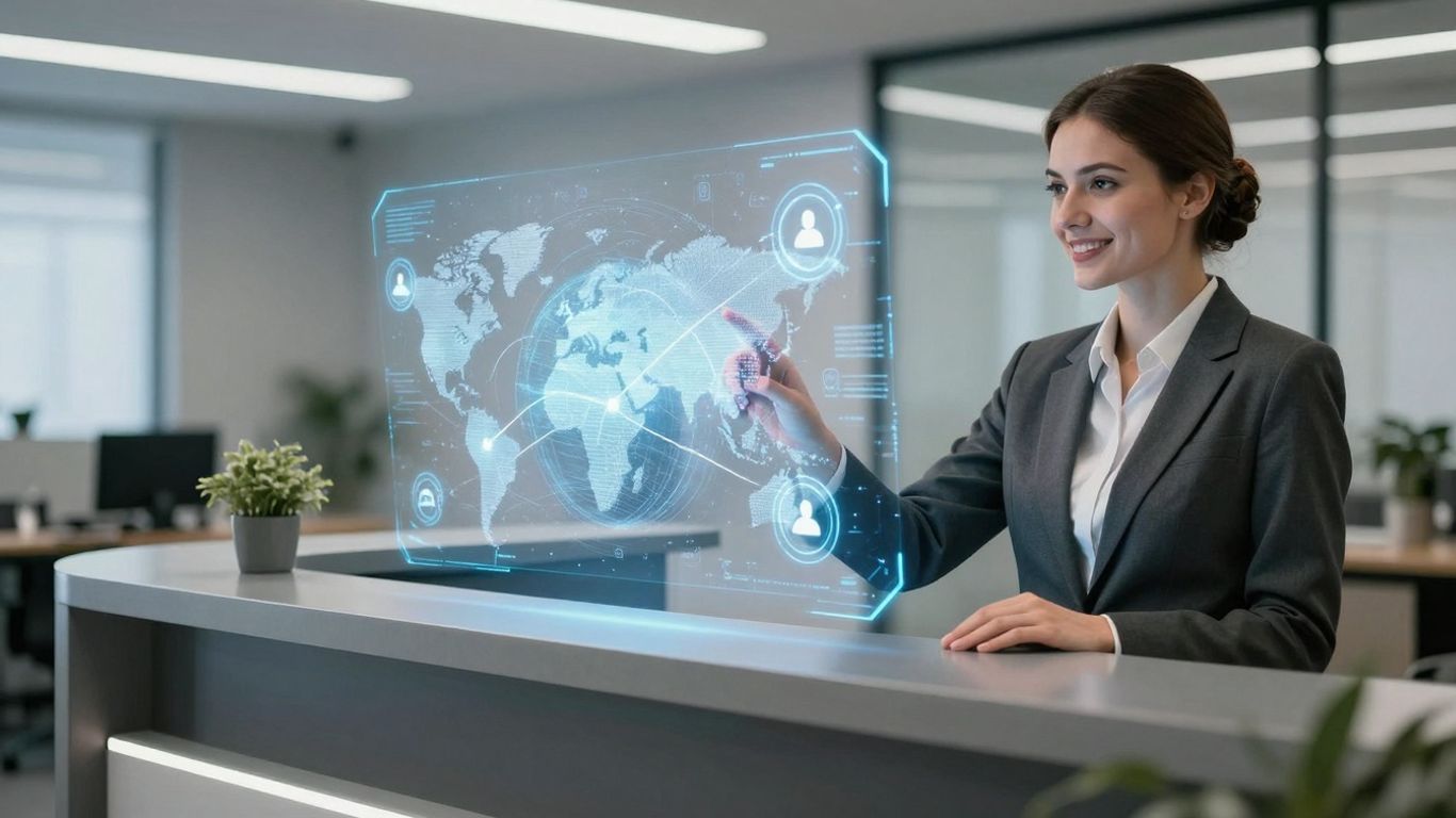 CloudTalk AI receptionist interface with global connection icons.