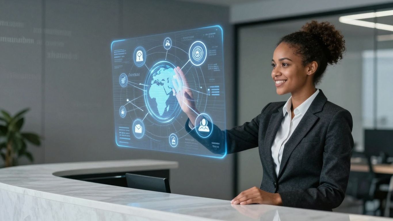 Dialpad AI receptionist interface with global connection icons.