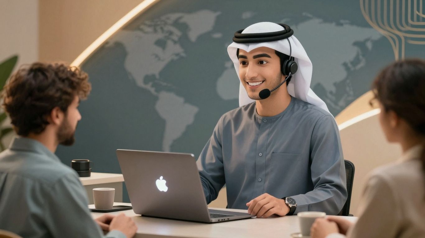 AI receptionist assisting diverse people with multilingual support.