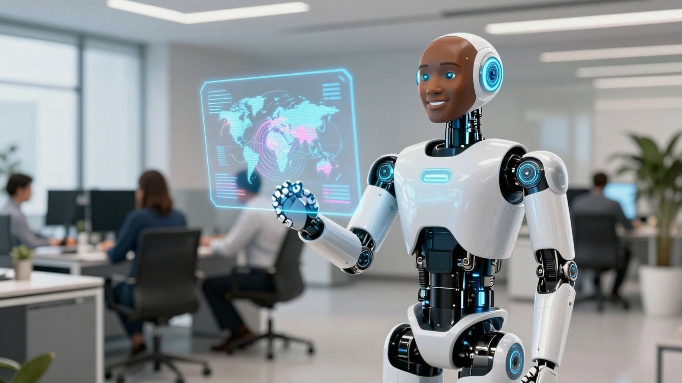 AI receptionist in a modern office lobby.