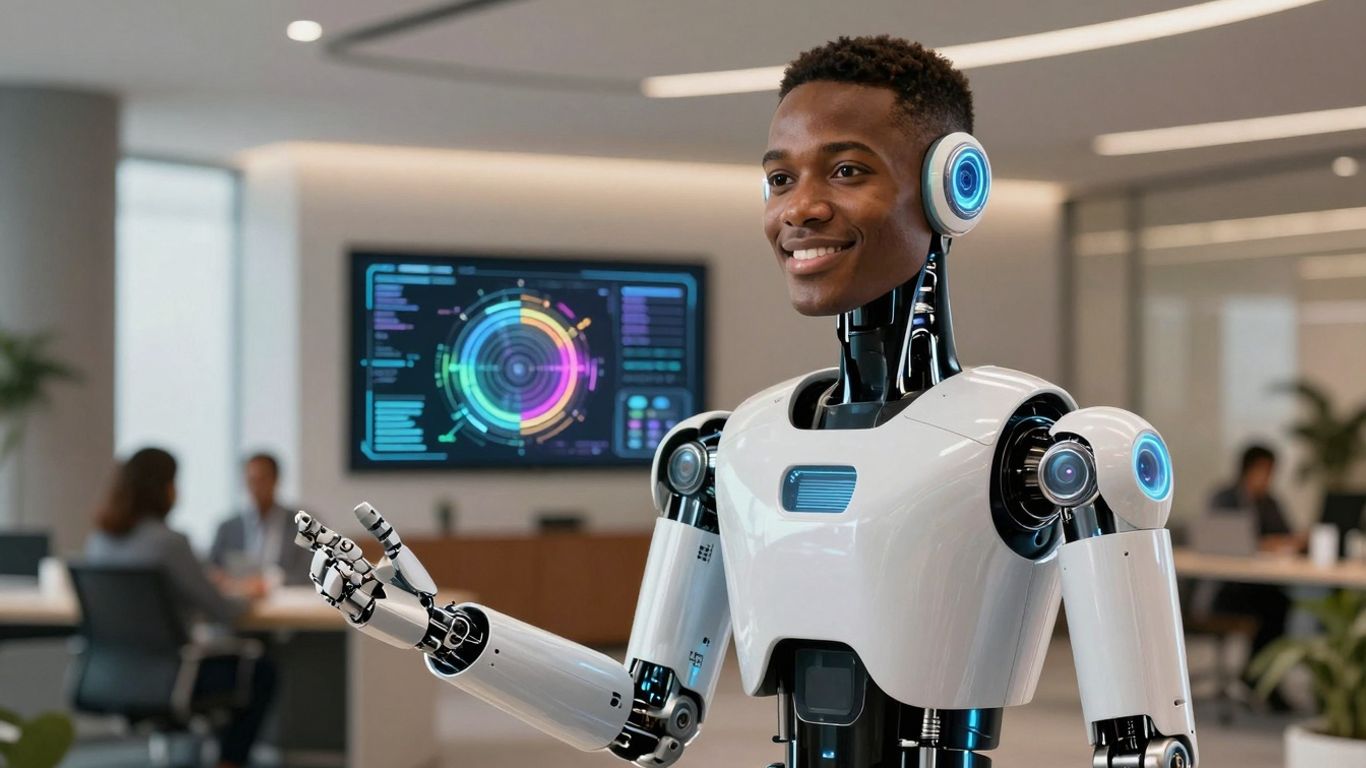 AI receptionist with multilingual support in a modern office.