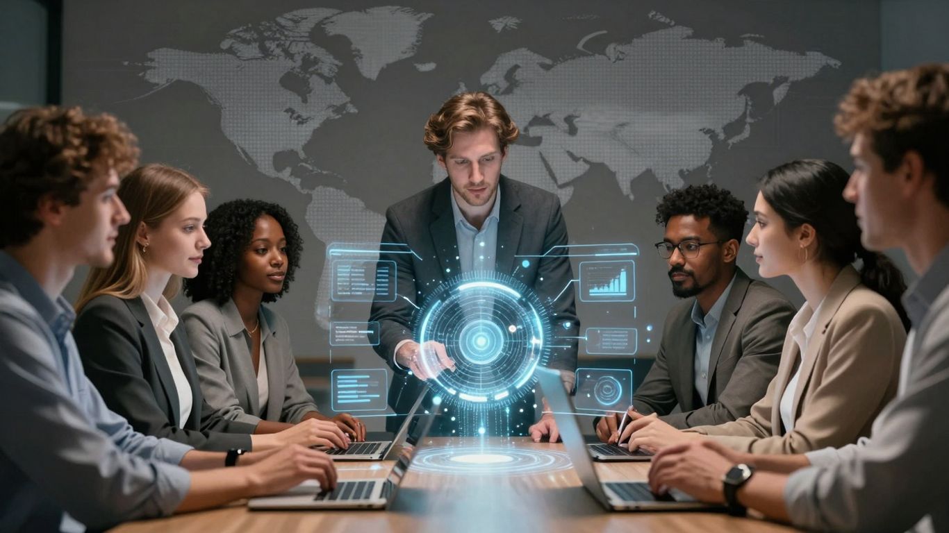 AI receptionist interface with global map background.