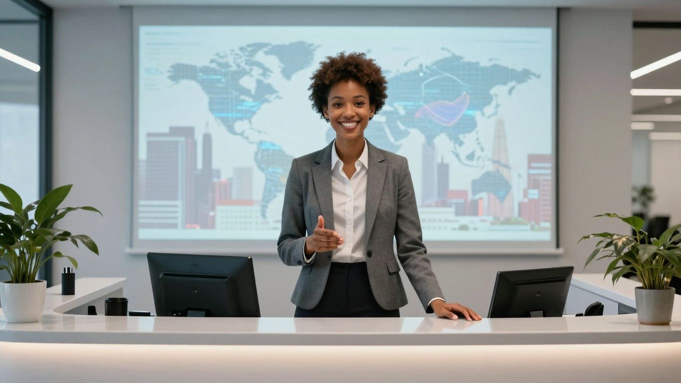 AI receptionist managing active times in a modern office.