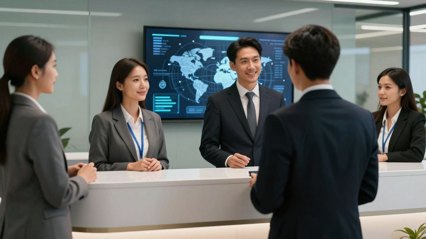 AI receptionist assisting diverse business professionals.