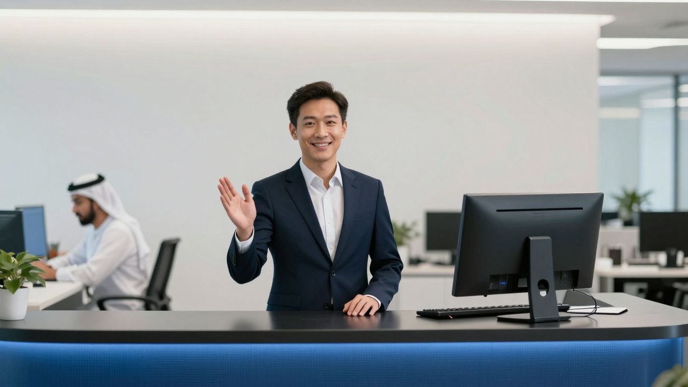 AI receptionist avatar on screen in office