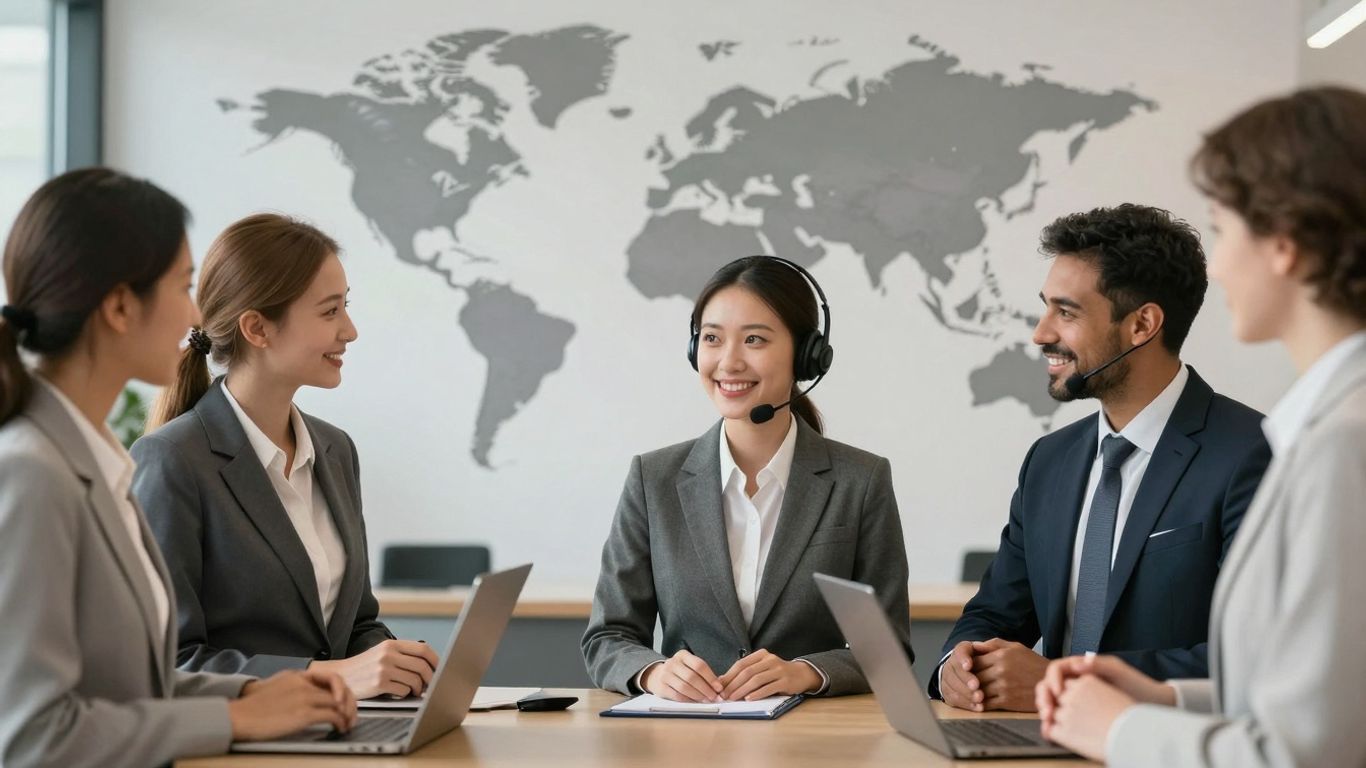 AI receptionist connecting diverse business people globally.