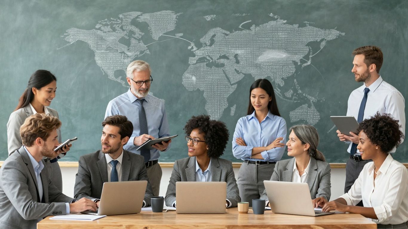 Business professionals connecting across language barriers.