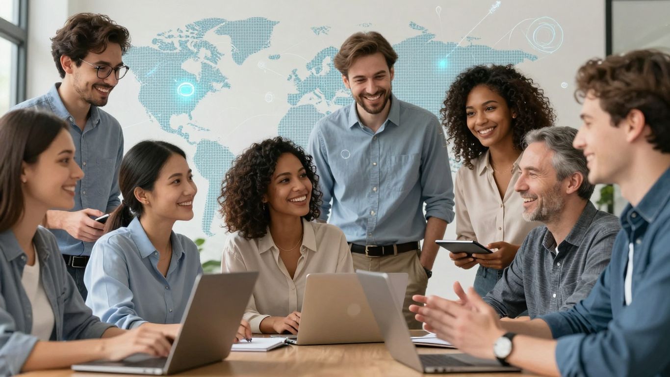 Business people connecting globally with AI assistance.