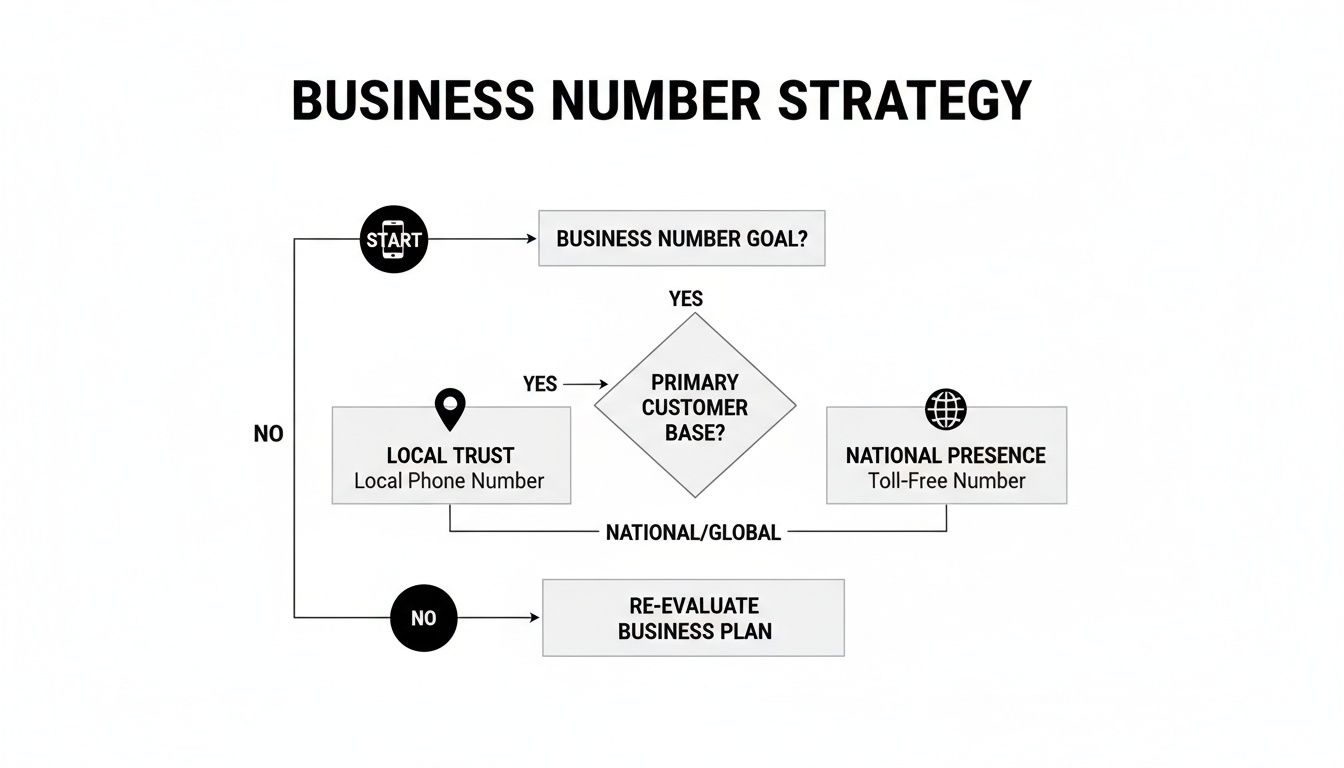 Flowchart illustrating a business number strategy for choosing between local and toll-free phone numbers.