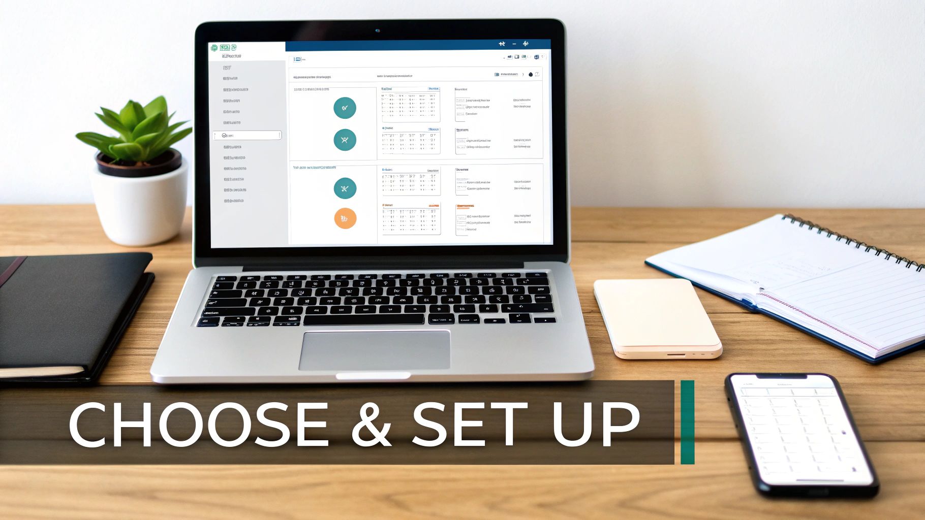 A laptop displaying a setup application on a wooden desk with office supplies.