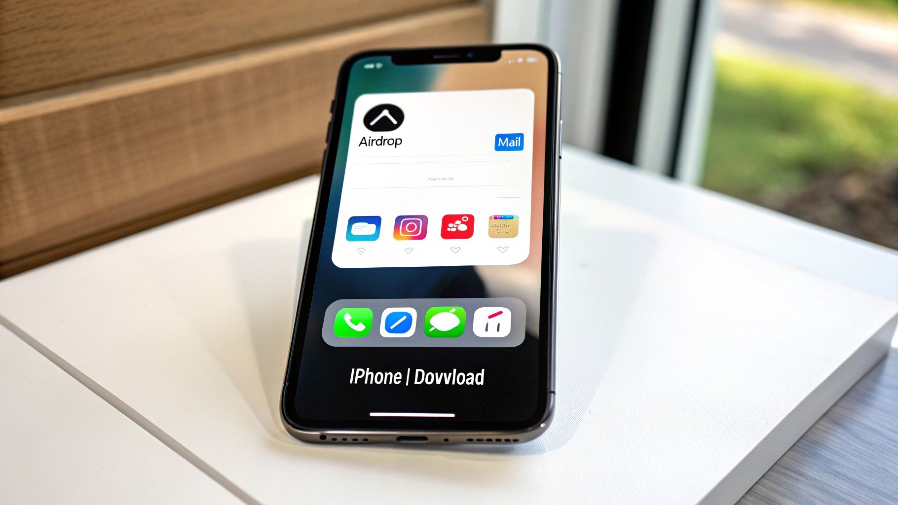 An iPhone displaying a sharing menu with AirDrop, Mail, and social media apps, showing a download option.