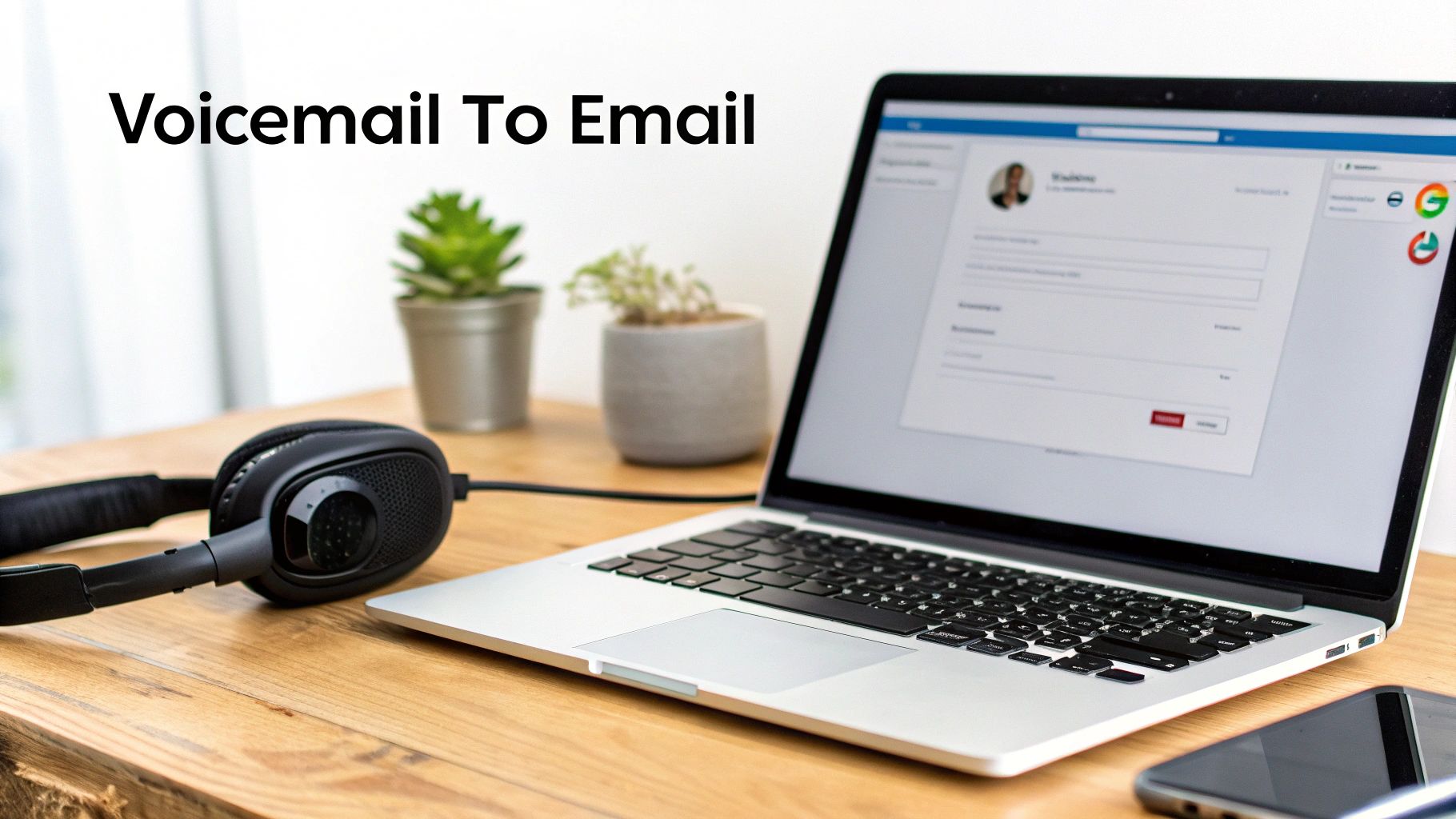 A laptop and headphones on a wooden desk with 'Voicemail To Email' text.
