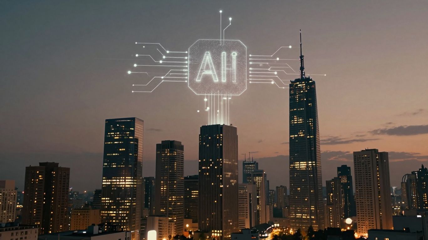 AI integrating into sales ecosystem, futuristic cityscape
