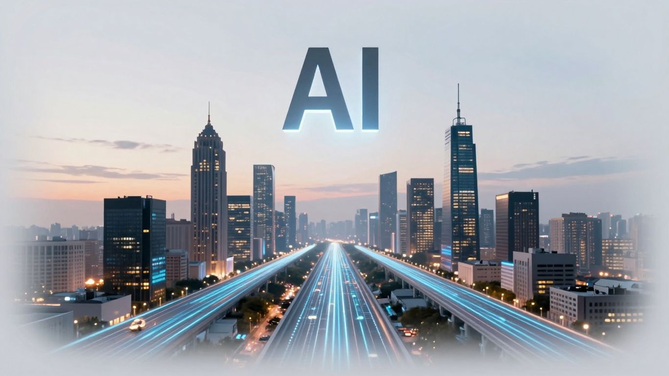 AI lead management concept with futuristic cityscape and digital pathways.