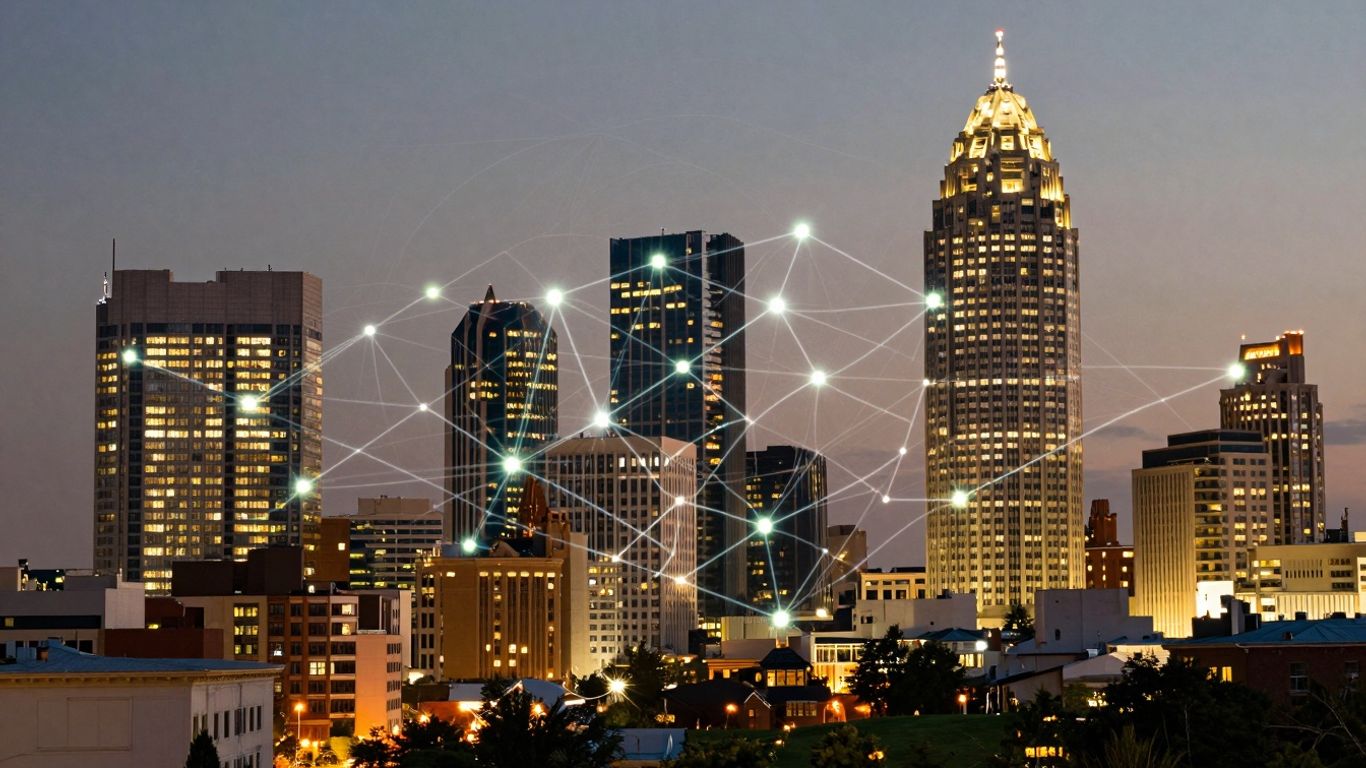 Atlanta cityscape with AI network connections