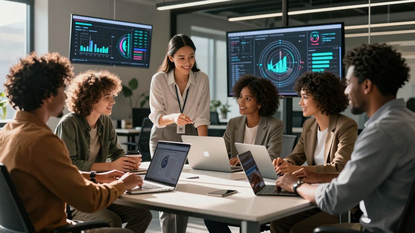 Team working with AI lead management technology.