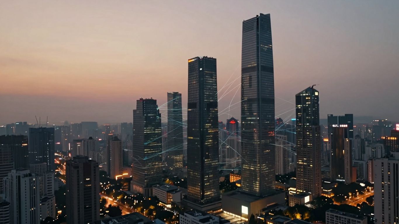 AI lead management cityscape with digital data streams.