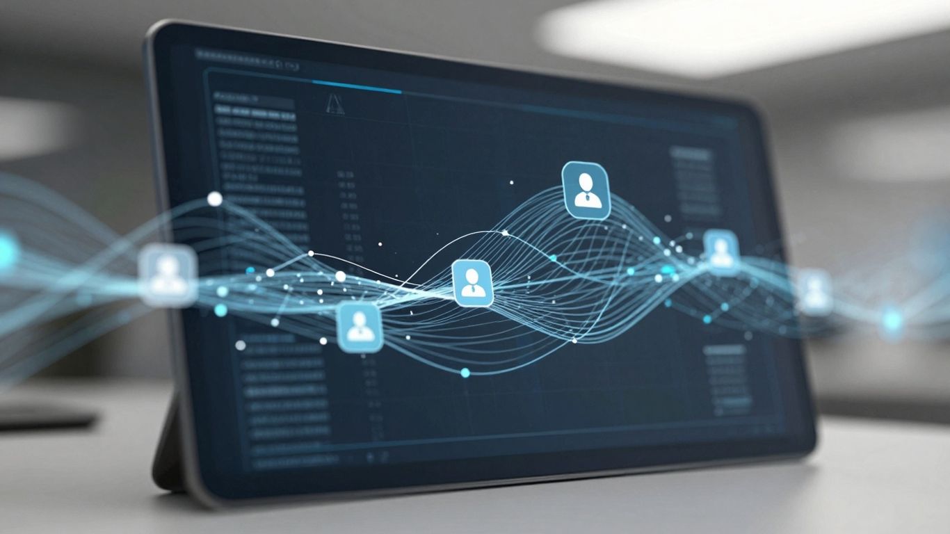 Seamless.AI platform interface with data streams and contact icons.