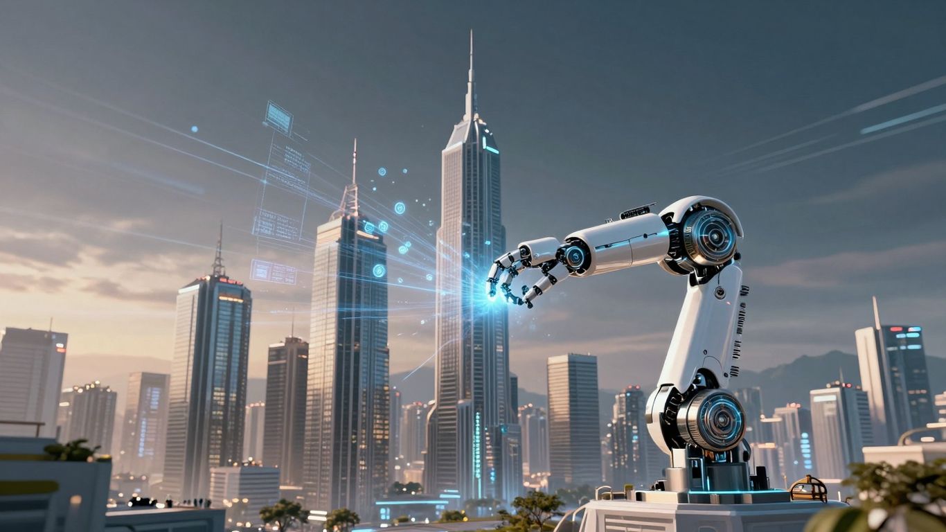 Futuristic cityscape with AI integration for sales.