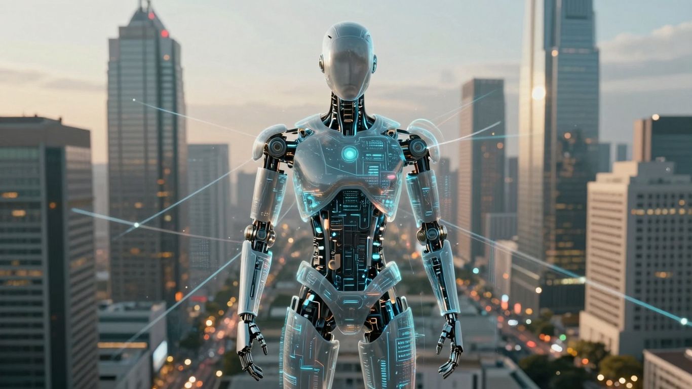 AI robot managing leads in a futuristic business setting.