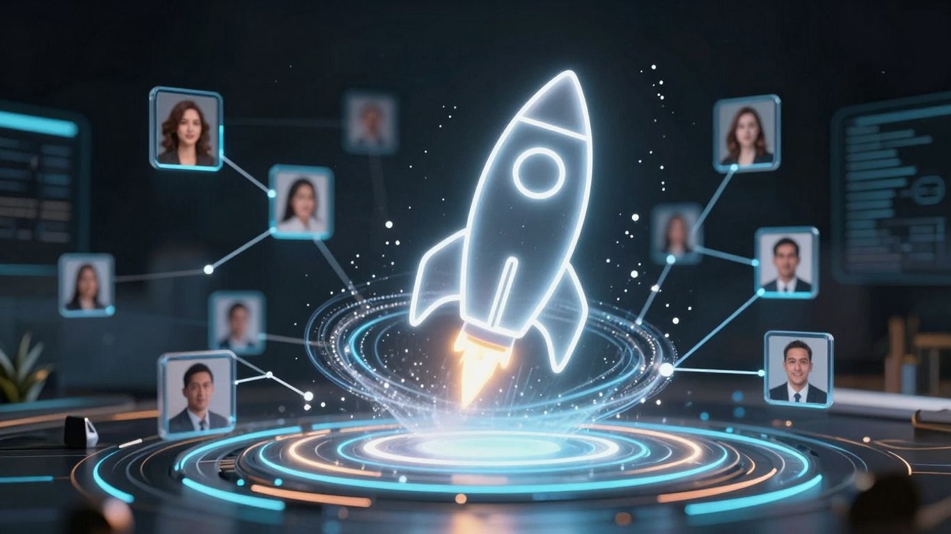 AI rocket ship ascending, connecting to customer profiles.
