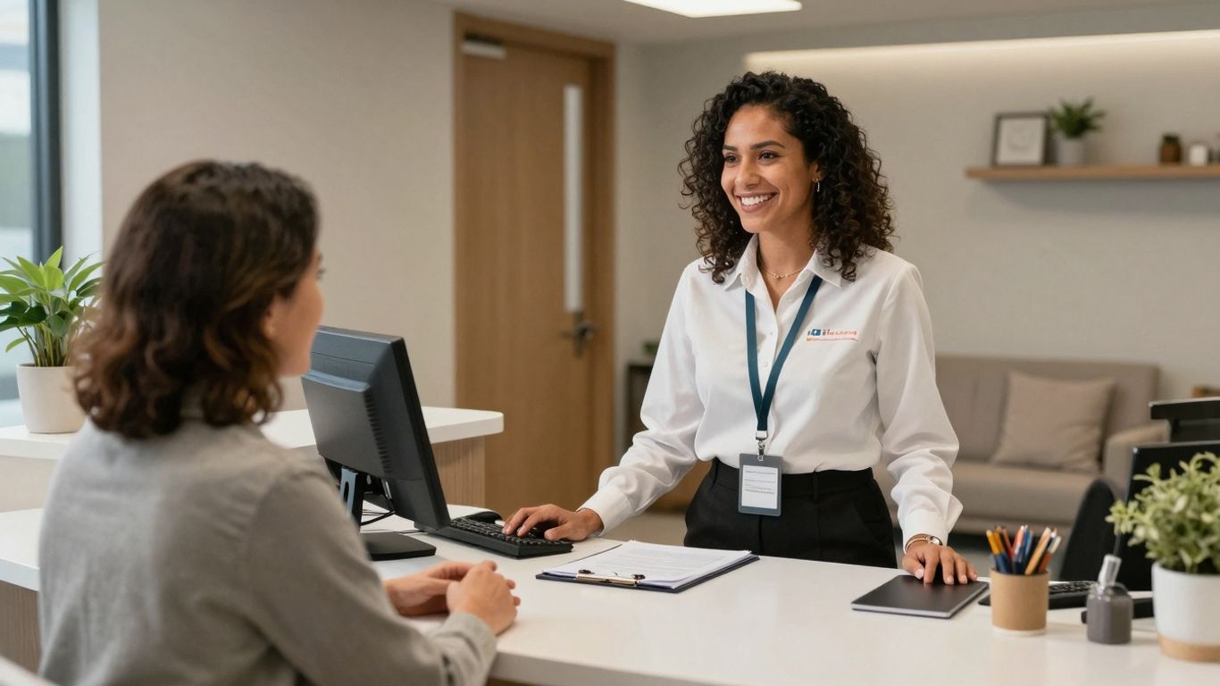 Clinic receptionist assisting a patient at the front desk.