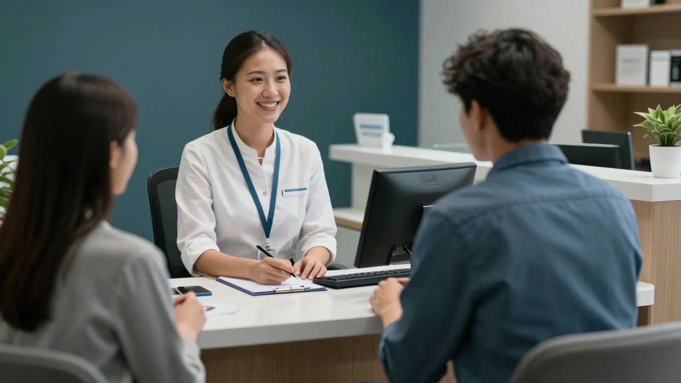 Clinic receptionist assisting a patient at the desk.