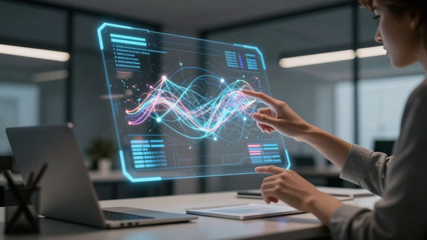 AI lead management software interface with glowing data streams.