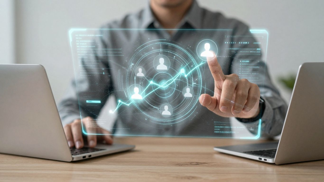 AI lead management software interface with glowing data streams.