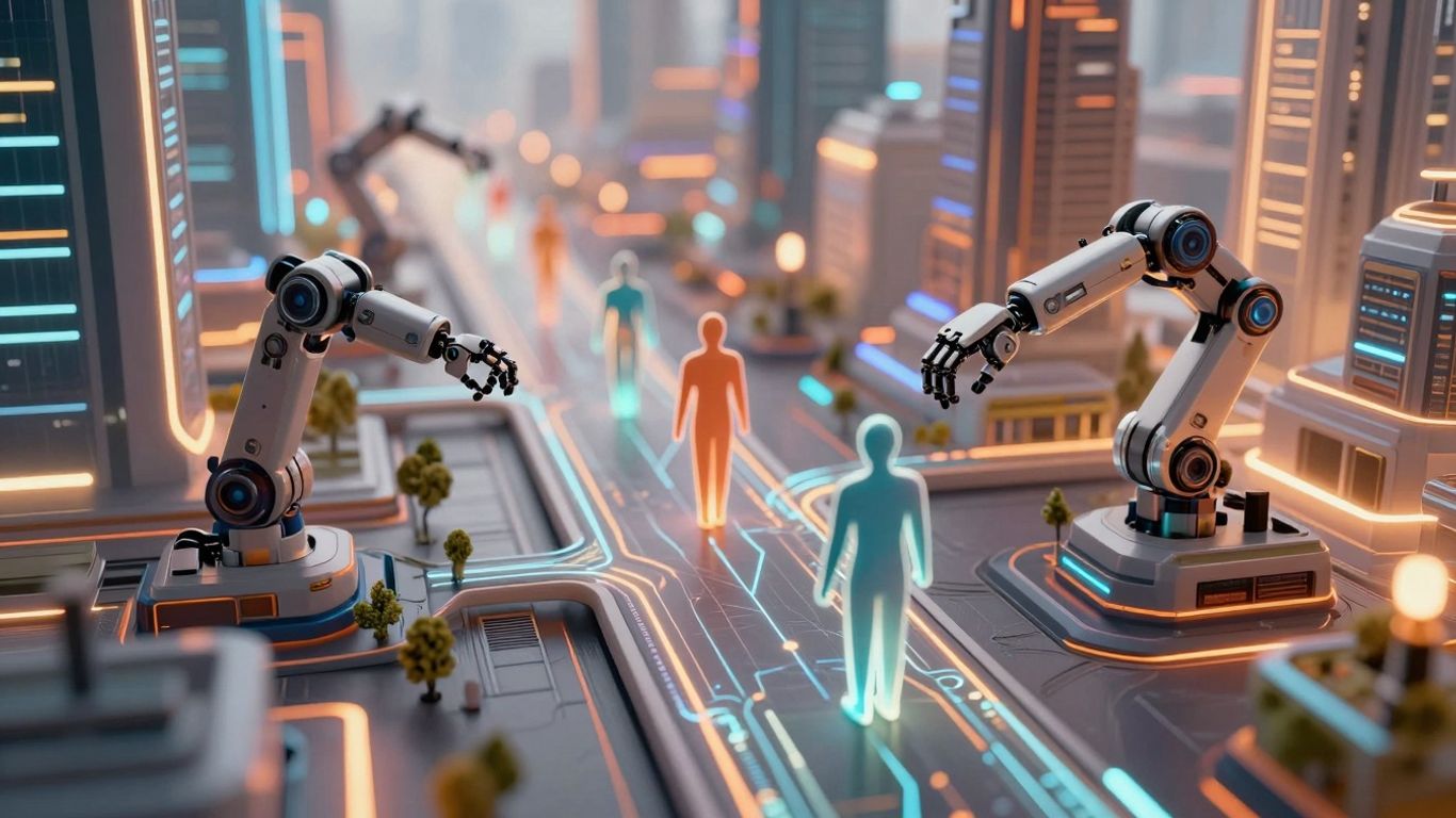 AI automating lead management in a futuristic city.