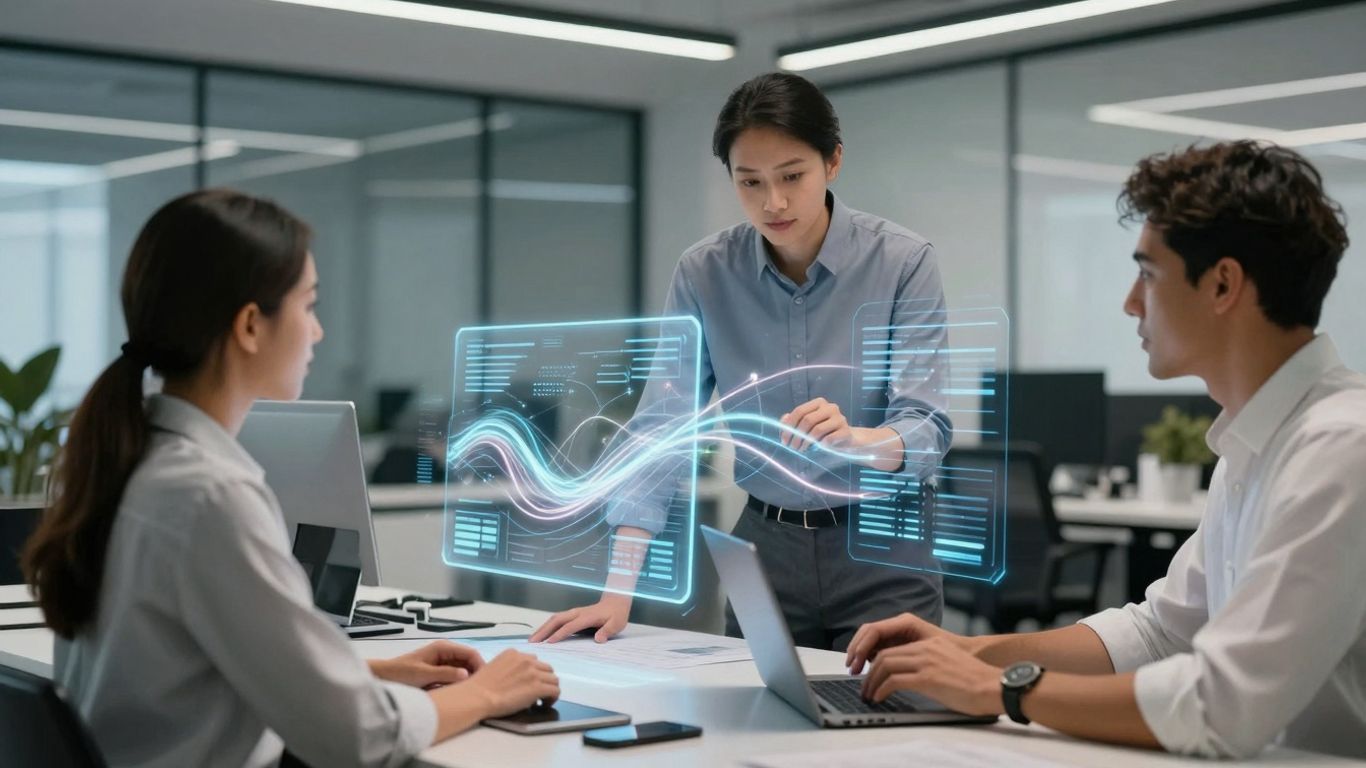 Business professionals interacting with AI lead management software interfaces.