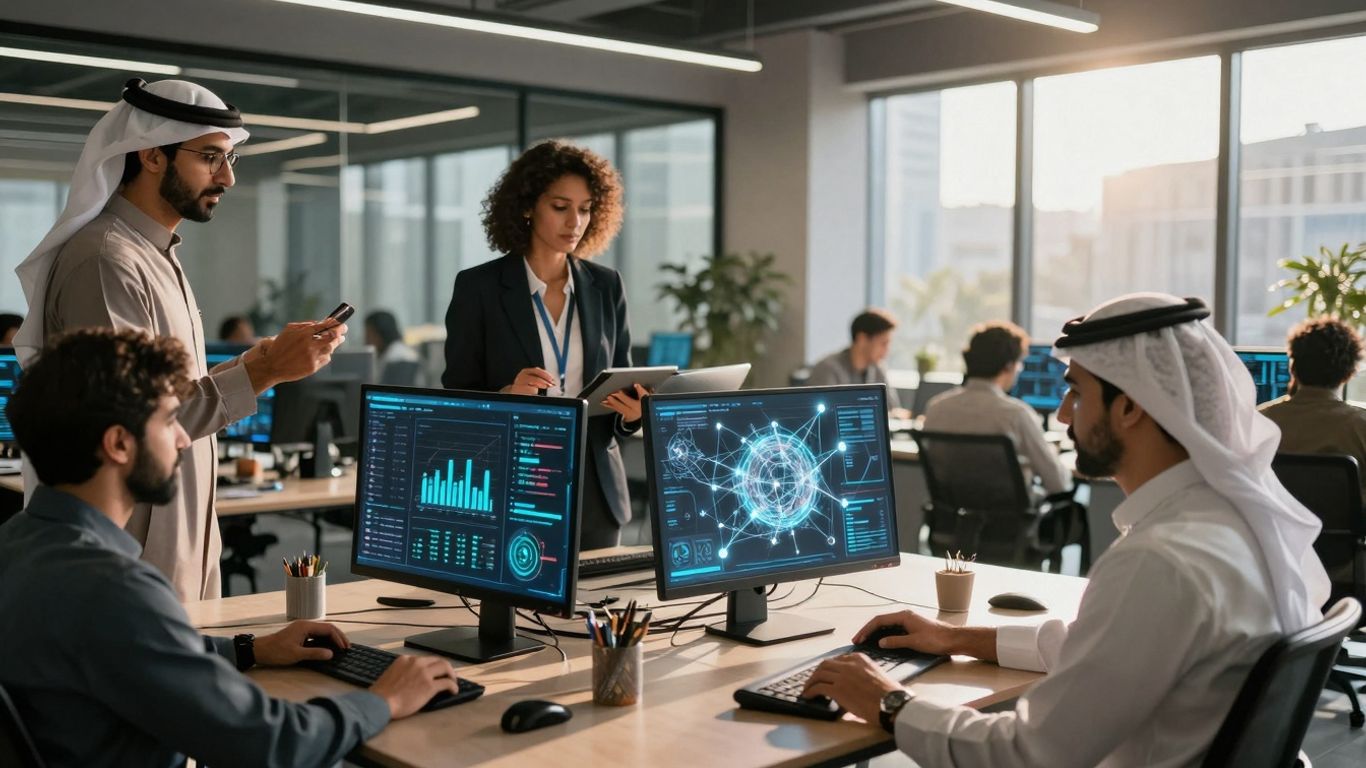 Business professionals using AI lead management software interfaces.