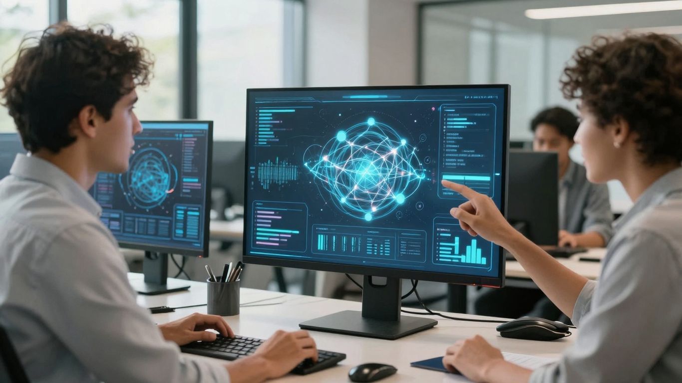 Business professionals using AI communication tools in an office.