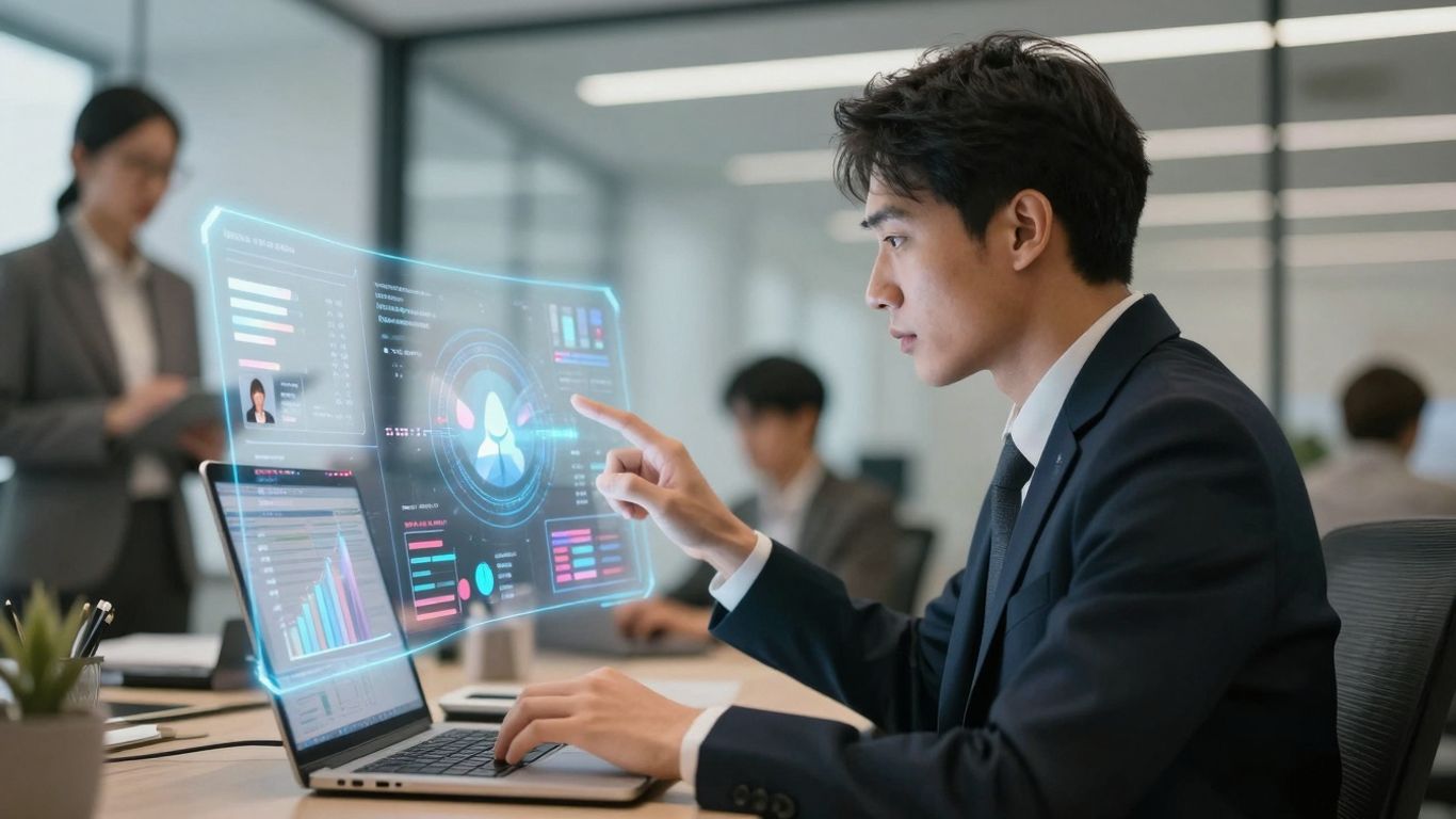 Salesperson and AI collaborating on lead management.