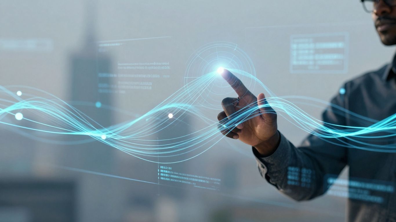 AI lead management system interface with glowing data streams.