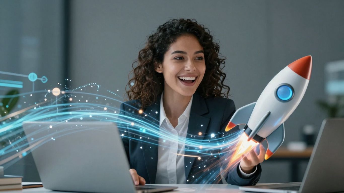 AI sales engine with rocket ship and data streams.