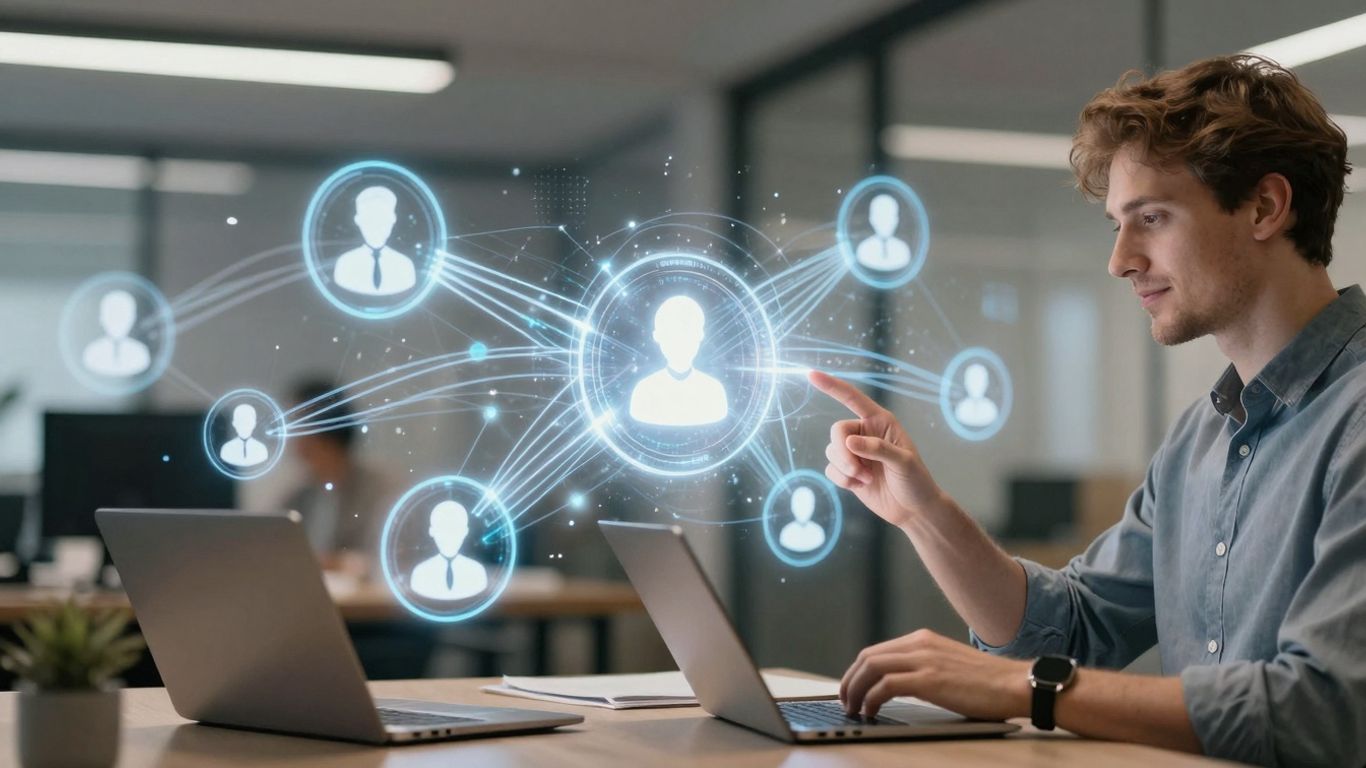 AI transforming sales communication with glowing data streams.