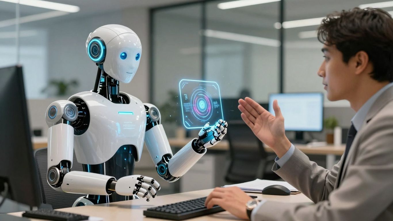 AI robot assisting a business professional in a modern office.