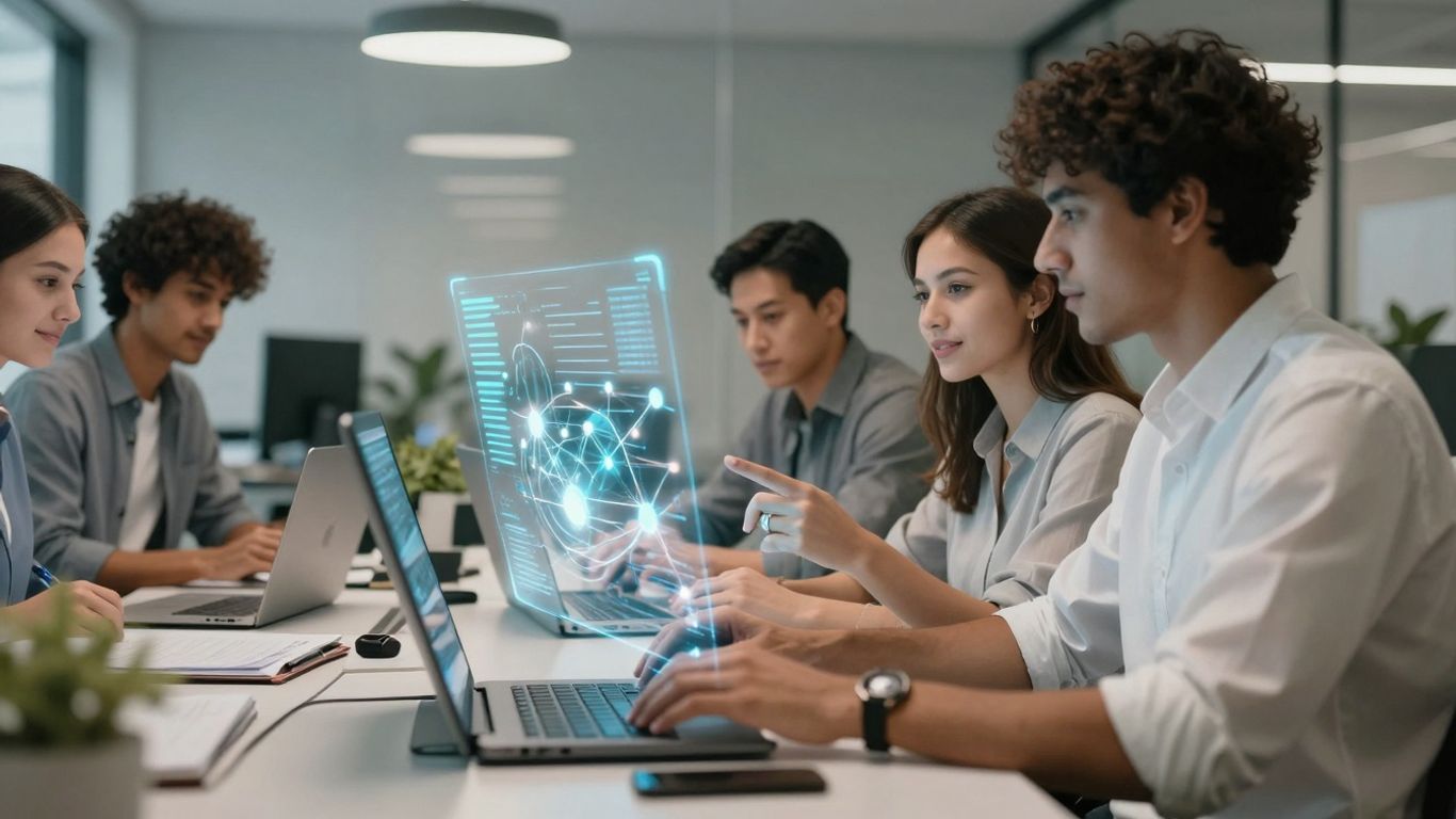 AI lead management system interface with glowing data streams.
