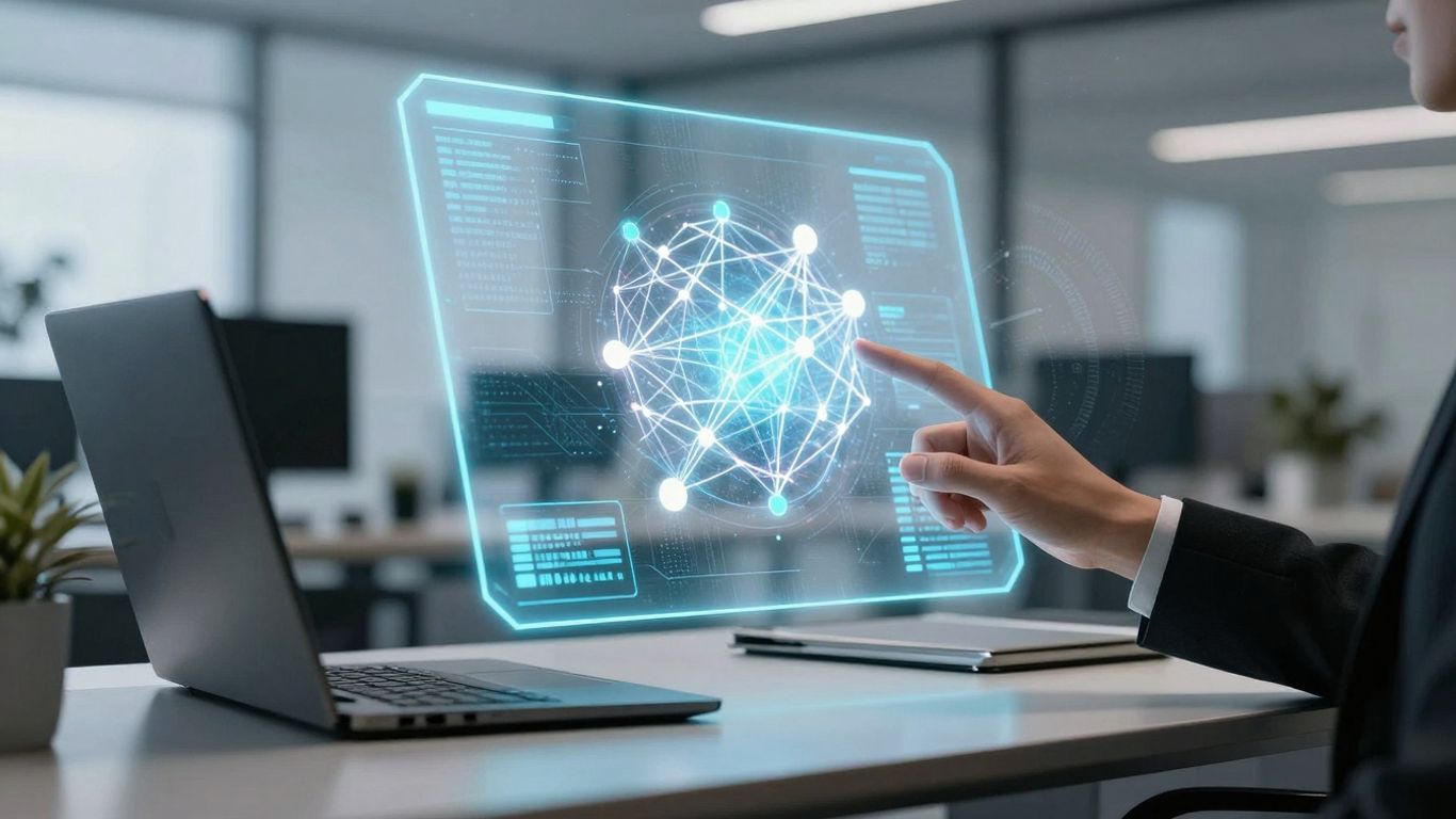 AI lead management system interface with glowing data streams.